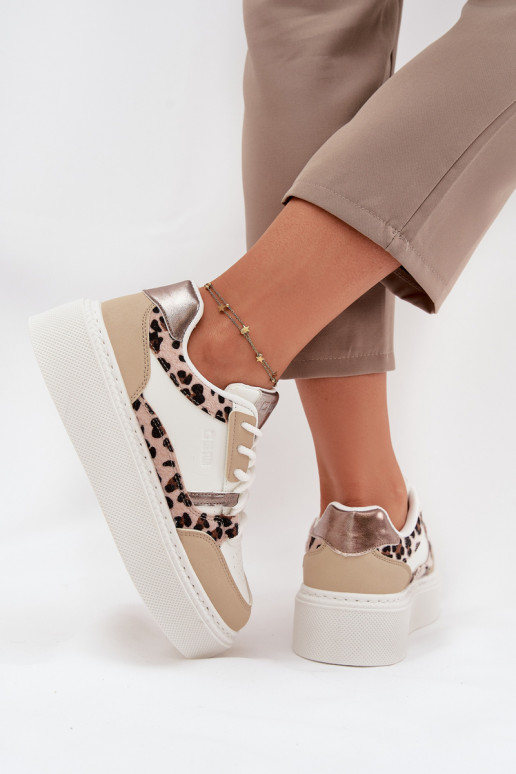 Sieviešu baltas un smilšu krāsas sneakers stila kurpes ar platformu Big Star SS274357 ar leoparda kažokā