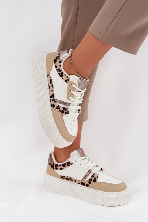 Sieviešu baltas un smilšu krāsas sneakers stila kurpes ar platformu Big Star SS274357 ar leoparda kažokā