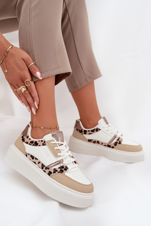 Sieviešu baltas un smilšu krāsas sneakers stila kurpes ar platformu Big Star SS274357 ar leoparda kažokā