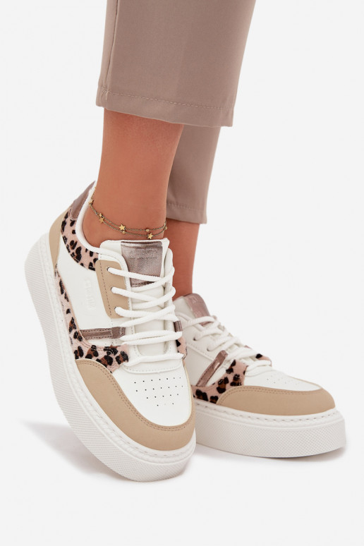 Sieviešu baltas un smilšu krāsas sneakers stila kurpes ar platformu Big Star SS274357 ar leoparda kažokā