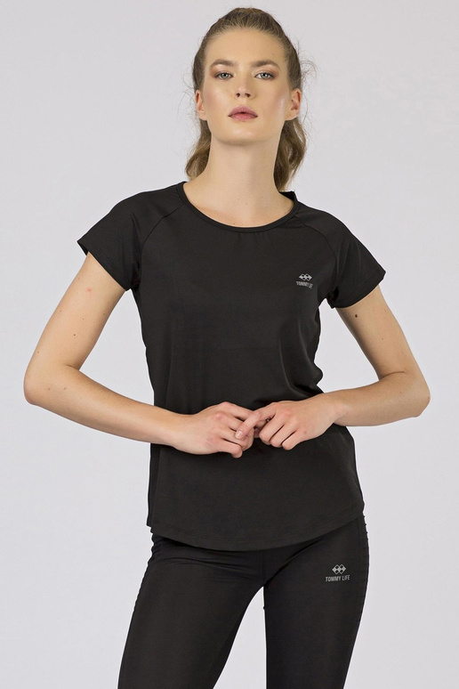 TOMMY LIFE melns sieviešu T-krekls
