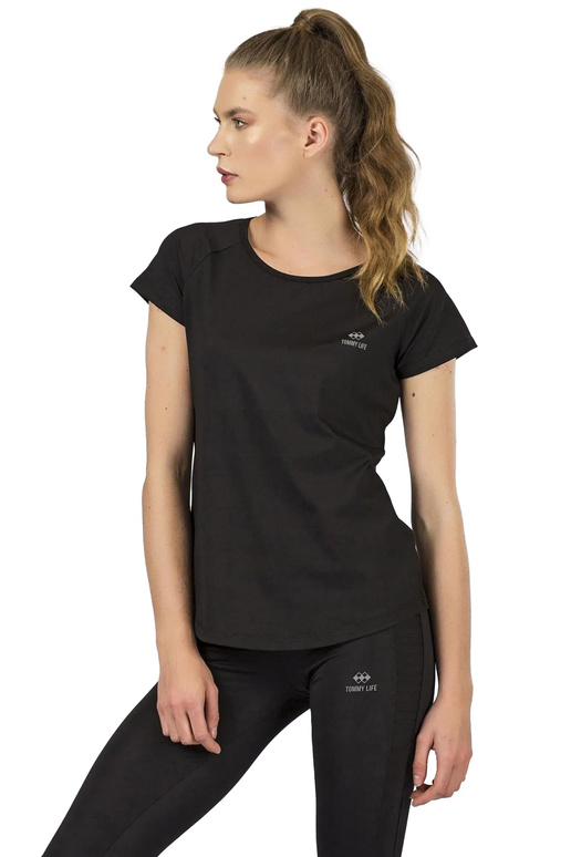 TOMMY LIFE melns sieviešu T-krekls