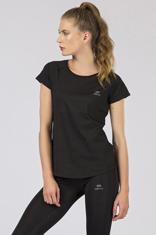 TOMMY LIFE melns sieviešu T-krekls