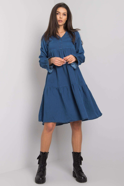 Tumši zila volānu sieviešu kleita...