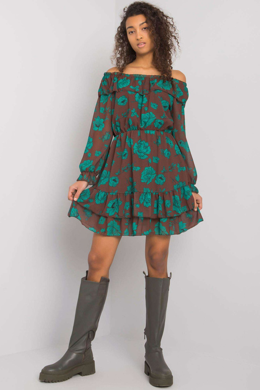 Brūna un zaļa spāņu kleita ar volānu...