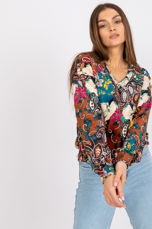 Brūna sieviešu blūze ar rubīna apdrukām