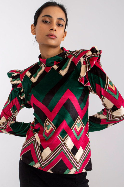 Annabelas zaļi rozā raksta velūra blūze