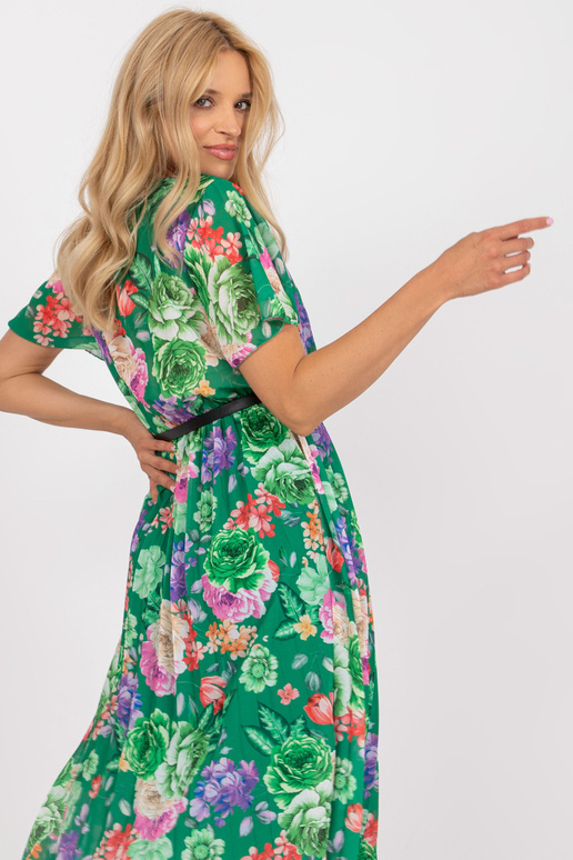 Zaļa midi kroku kleita ar ziedu apdrukām
