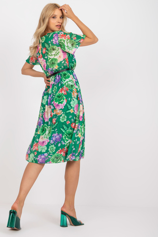 Zaļa midi kroku kleita ar ziedu apdrukām
