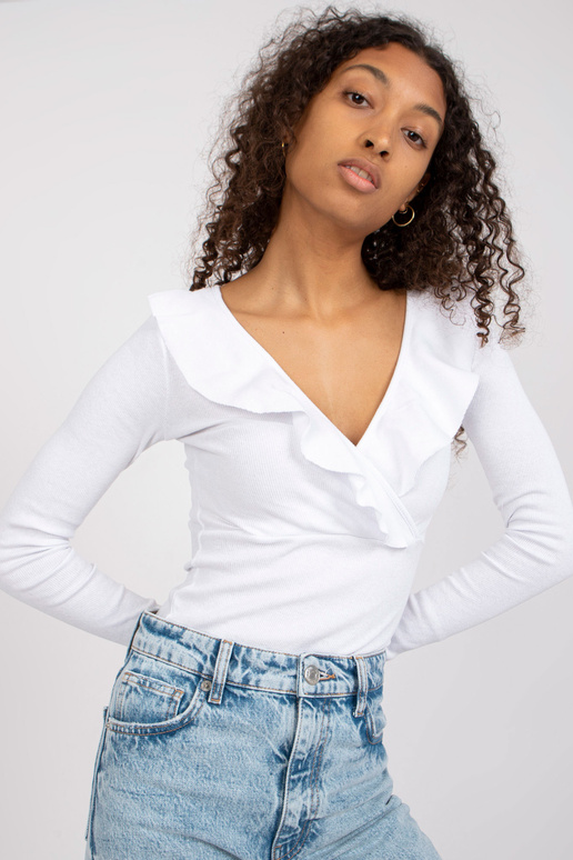 Balta rievota pamata blūze ar V kakla...