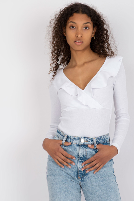 Balta rievota pamata blūze ar V kakla...