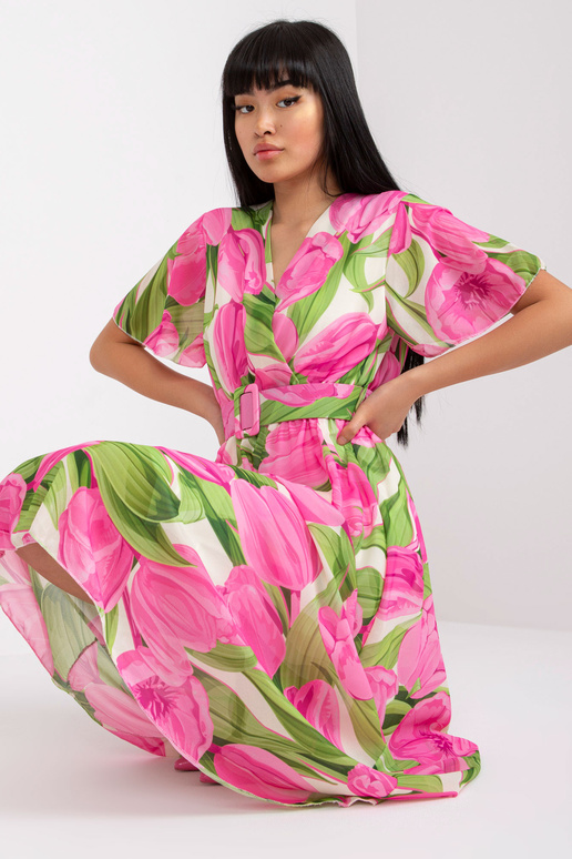 Rozā un zaļa ziedu kleita ar izgriezumu