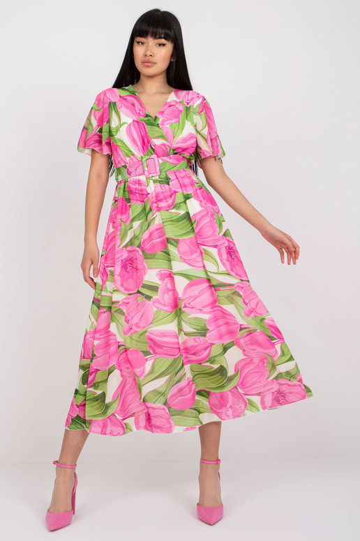 Rozā un zaļa ziedu kleita ar izgriezumu