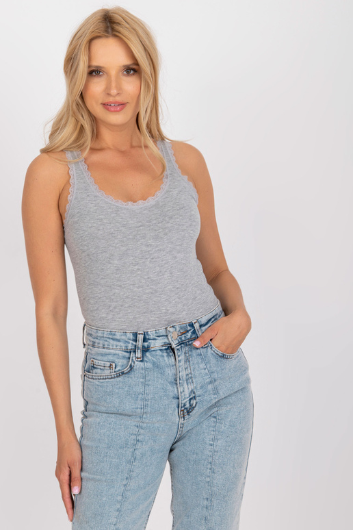 Pelēks sieviešu pamata tops ar mežģīnēm