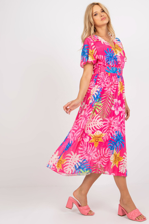 Midi kleita ar rozā kroku tropu rakstu