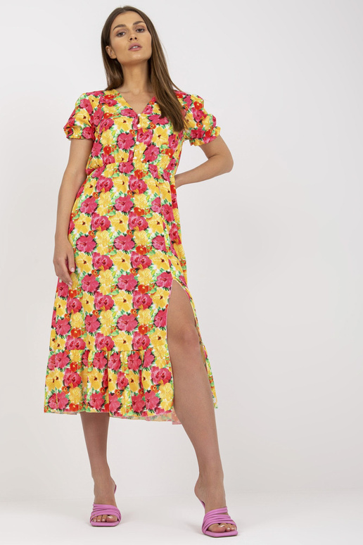 Dzeltena puķaina midi kleita ar šķēlumu
