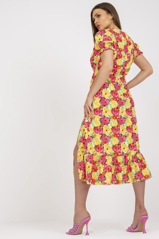 Dzeltena puķaina midi kleita ar šķēlumu