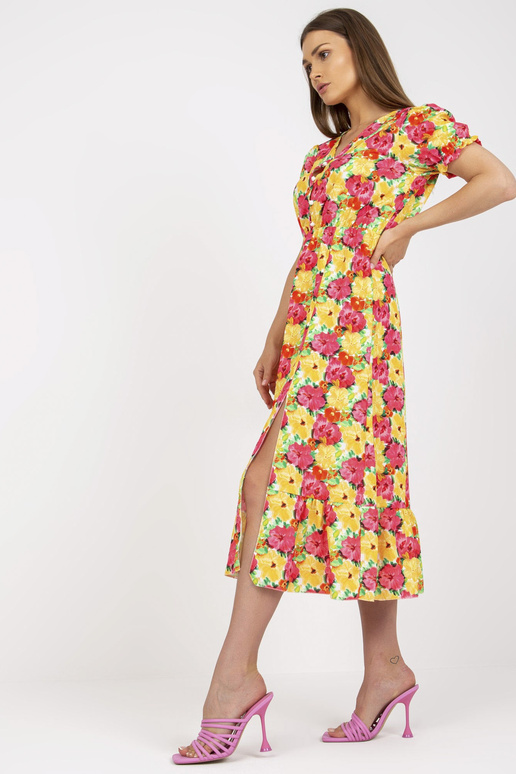 Dzeltena puķaina midi kleita ar šķēlumu