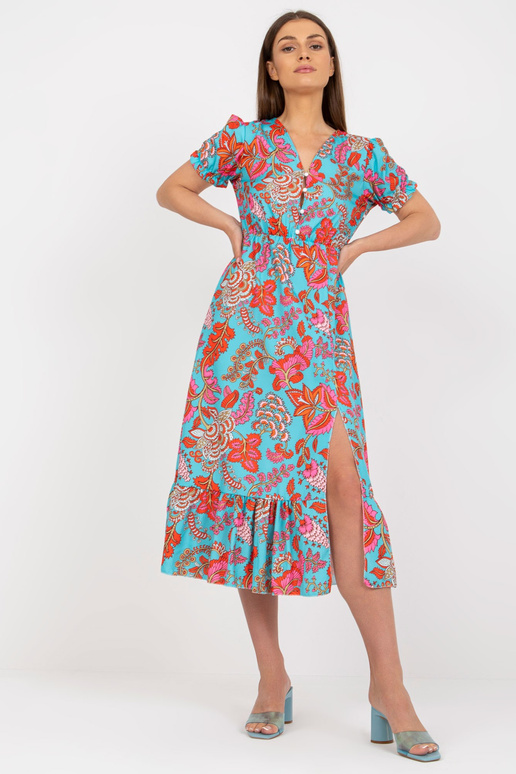 Zila midi kleita ar apdruku un šķēlumu