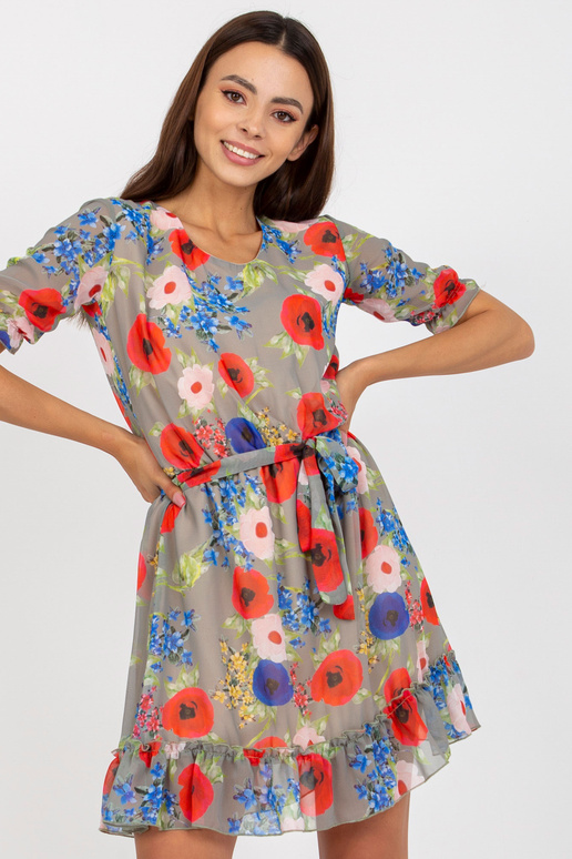 Haki krāsas ziedu mini kleita ar īsām...