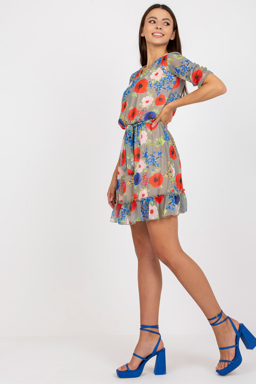 Haki krāsas ziedu mini kleita ar īsām...