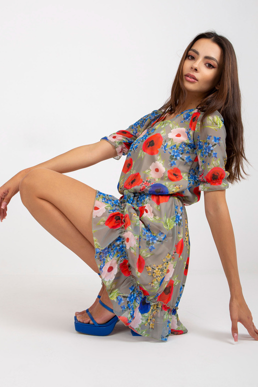 Haki krāsas ziedu mini kleita ar īsām...