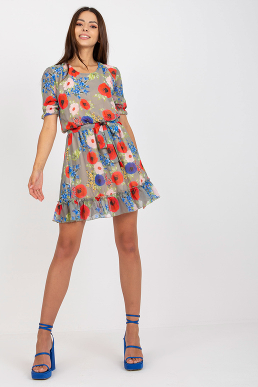 Haki krāsas ziedu mini kleita ar īsām...