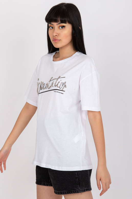 Balts T-krekls ar aplikāciju un apaļu...