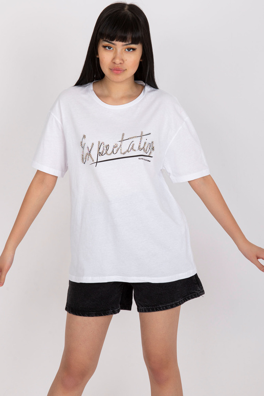 Balts T-krekls ar aplikāciju un apaļu...