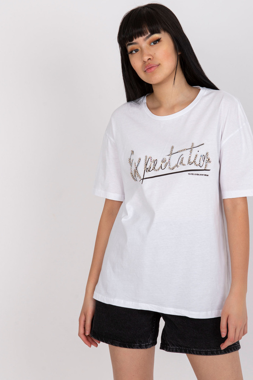 Balts T-krekls ar aplikāciju un apaļu...