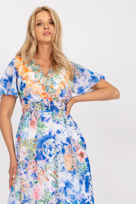 Zila midi kleita ar apdrukām un jostu