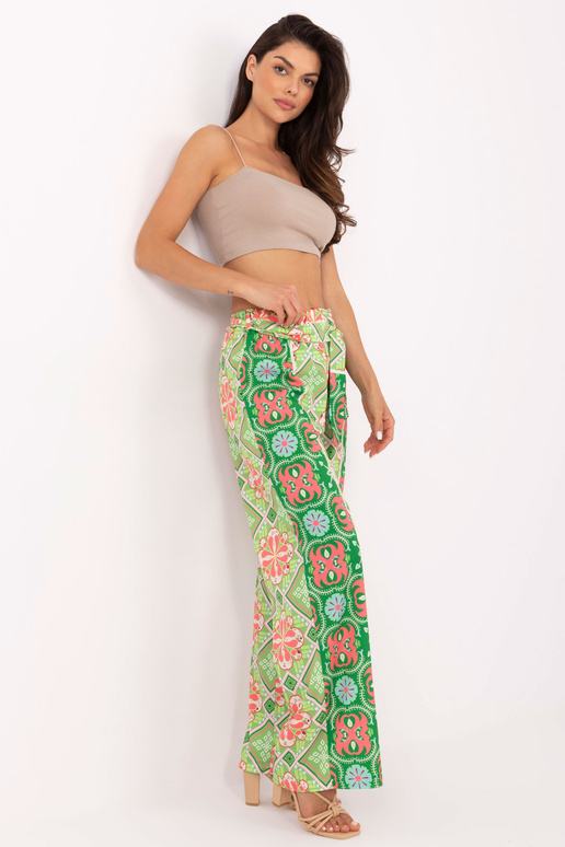 Zaļas rakstainas platas auduma bikses