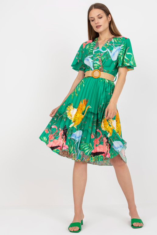 Zaļa kroku kleita ar apdrukām un pītu...