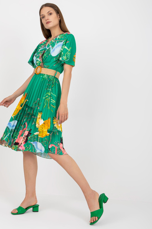 Zaļa kroku kleita ar apdrukām un pītu...