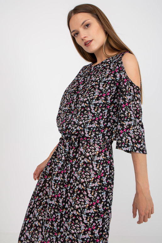 Melna puķaina maxi kleita ar kabatām...