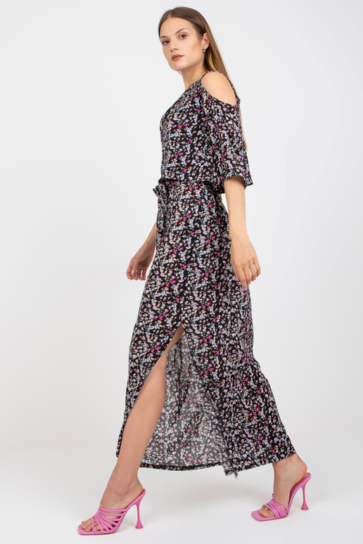 Melna puķaina maxi kleita ar kabatām...