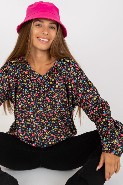 Melna velūra ziedu blūze ar V veida...