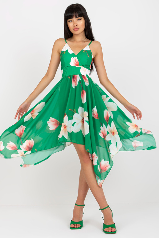 Zaļa asimetriska kleita ar apdruku