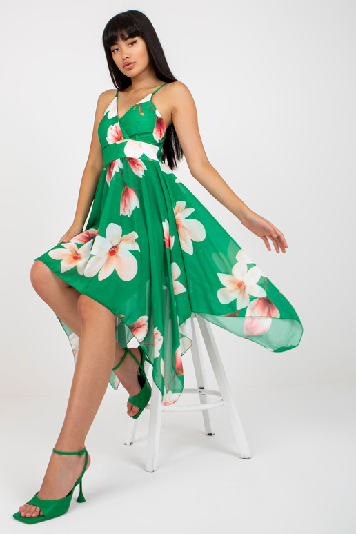 Zaļa asimetriska kleita ar apdruku