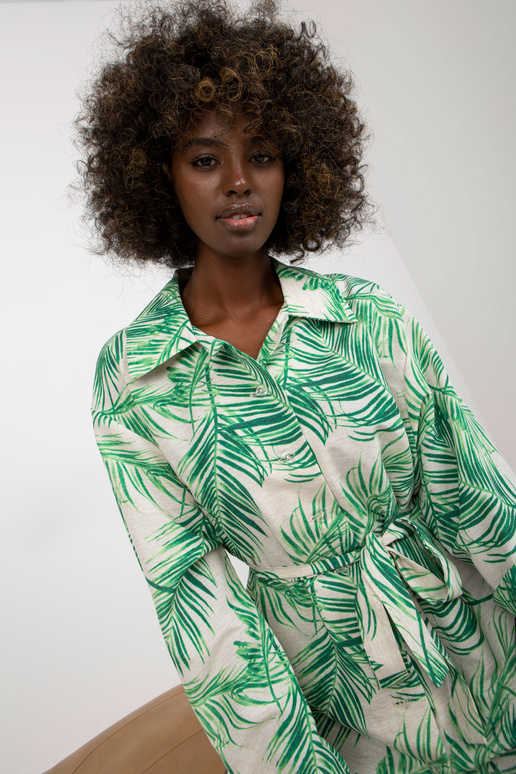 Zaļa un bēša lina kleita ar apdruku