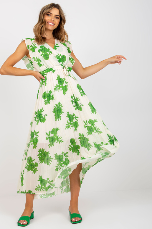 Bēša un zaļa gara kleita ar apdrukām un jostu