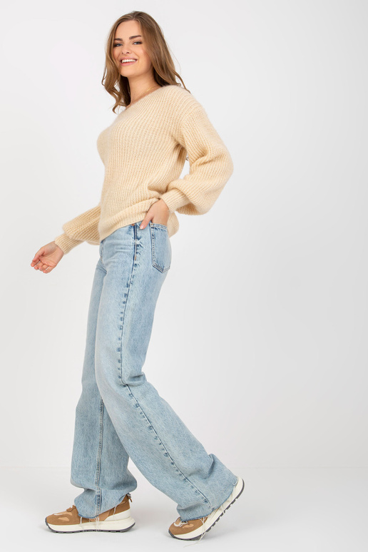 Bēšs pūkains klasisks džemperis ar V...