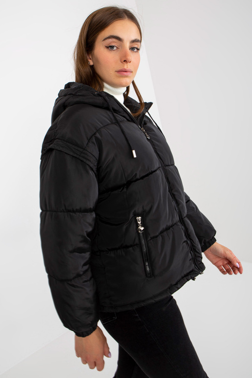 Melna stepēta ziemas jaka 2in1 ar kapuci