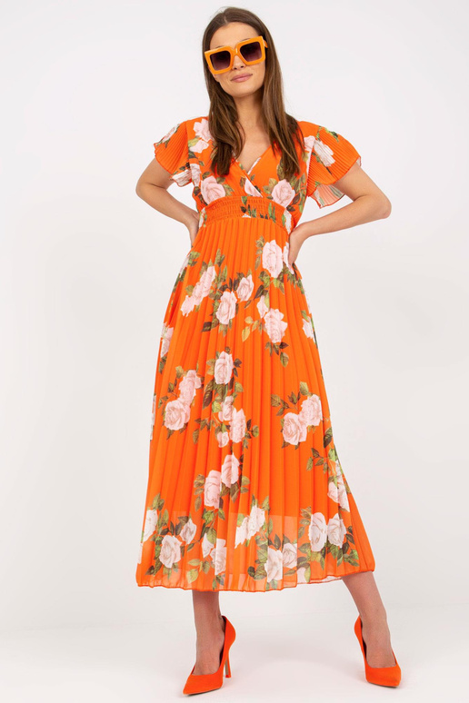 Oranža kroku vidēja garuma ziedu kleita