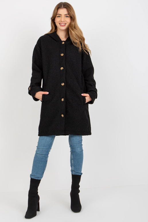 Sieviešu melns plīša mētelis ar kapuci