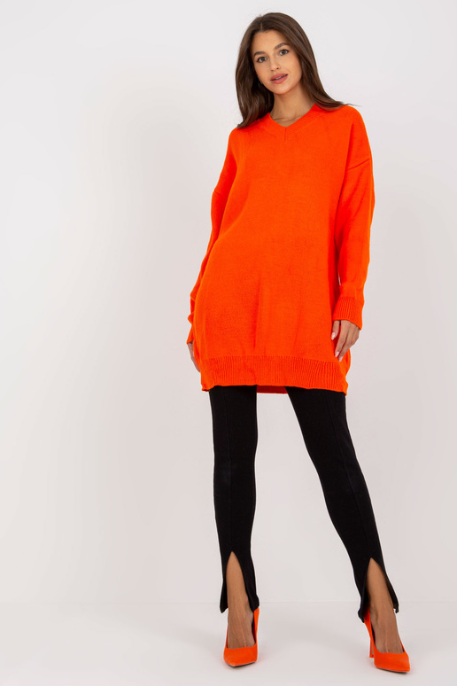 Oranža trikotāžas kleita ar V kakla...