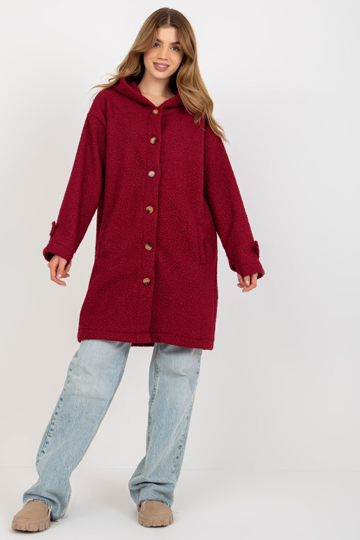 Bordo plīša sieviešu mētelis ar pogas...