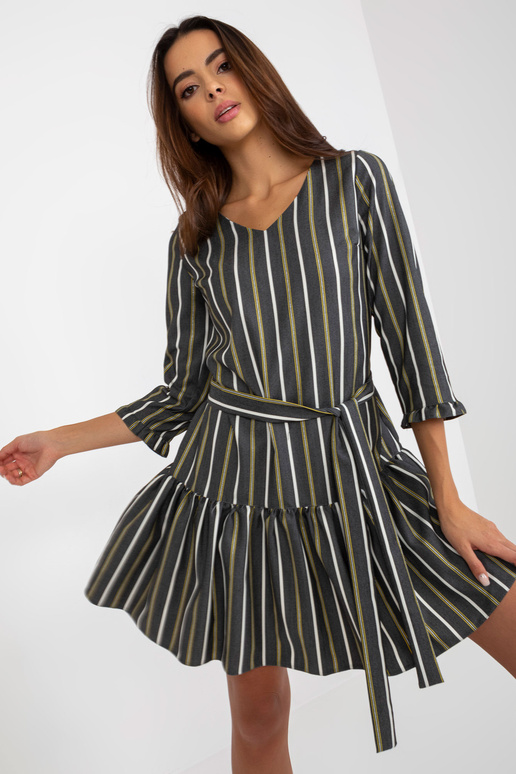 Dunkelgrau gestreiftes Minikleid mit Rüschen