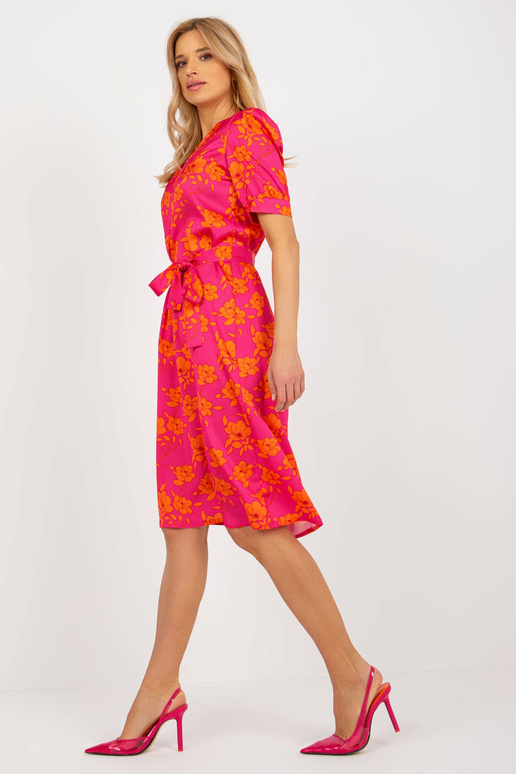 Fuksijas-oranža ziedu kokteiļkleita...