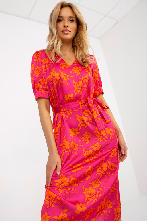 Fuksijas-oranža ziedu kokteiļkleita...